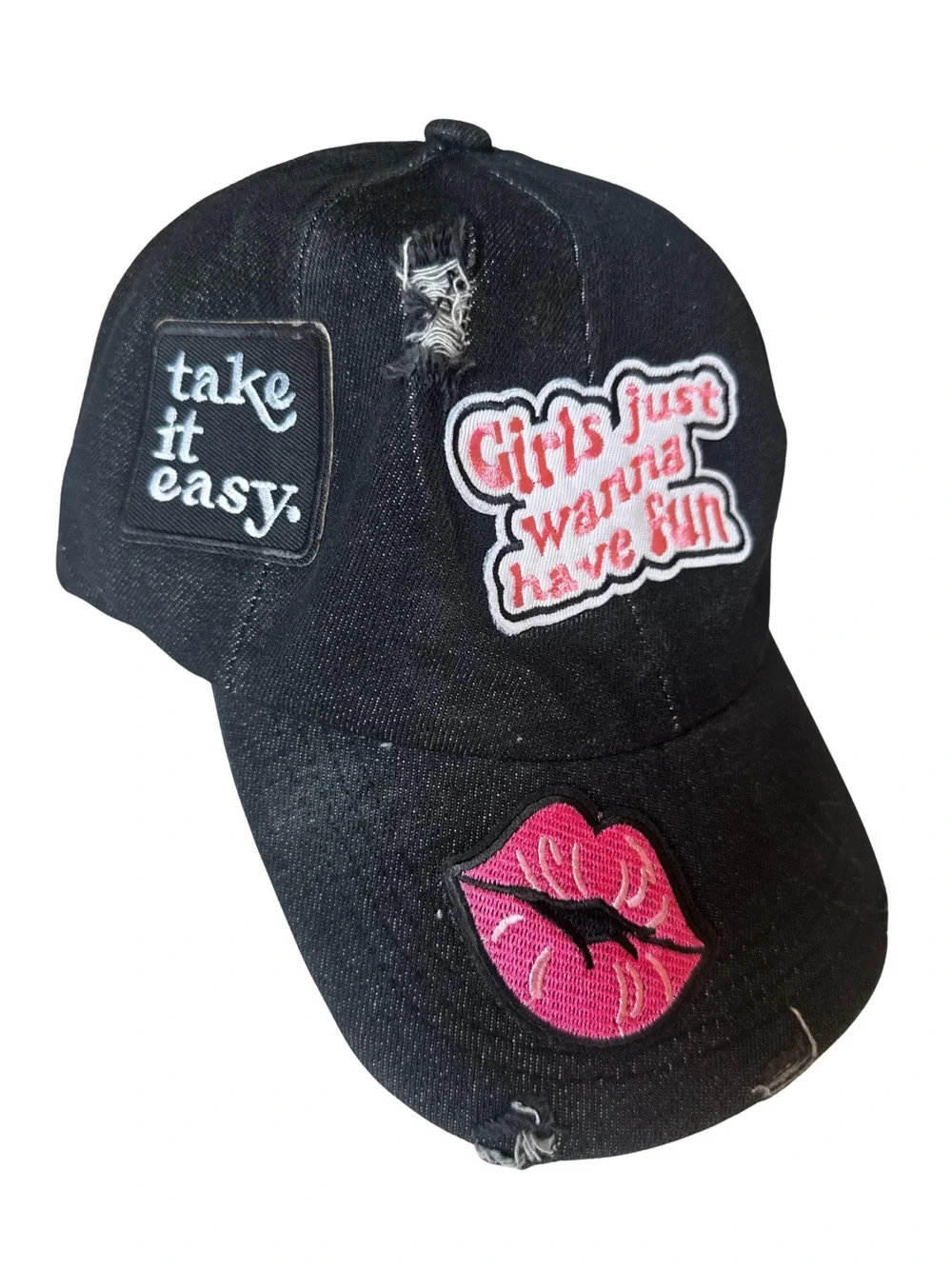 Upcycled Black Denim Trucker Hat Girls Just Wanna Have Fun